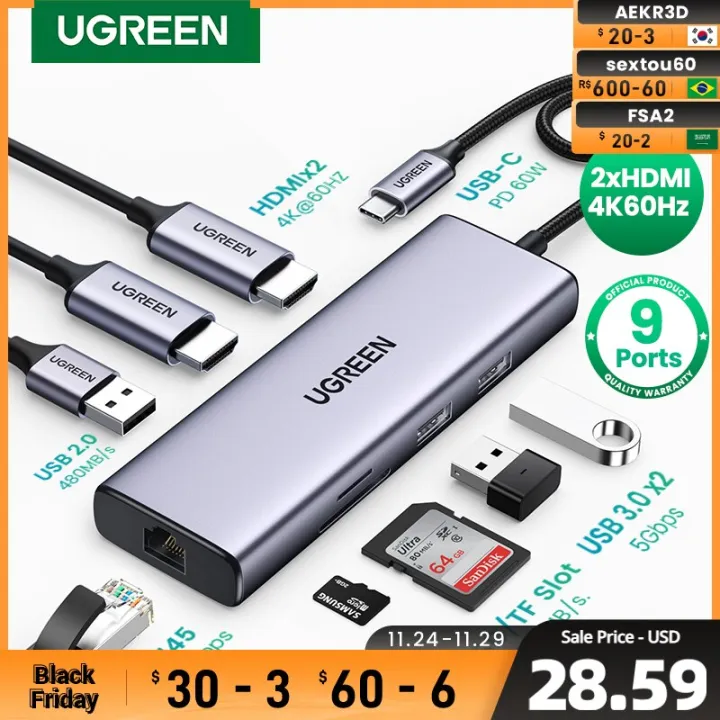 Ugreen Usb C Hub 4k 60hz Usb C To 2xhdmi 2 0 Rj45 Usb 3 0 Pd Adapter For Macbook Ipad Pro Air M1