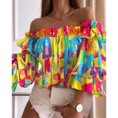 Women Off Shoulder Ruffled Trim shirring Shirt Female Top Summer Casual Long Sleeve Colorful Tighten Waist Blouse Tops