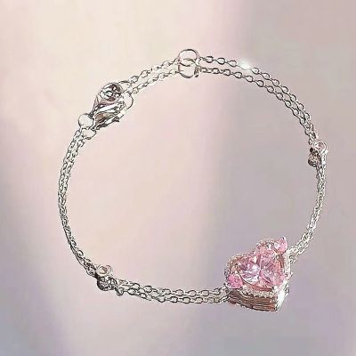 Fashion Shining Pink Rhinestone Heart Bracelet Girls Y2K Fairy Delicate Elegant Adjustable Bracelet Women Party Jewelry Gift