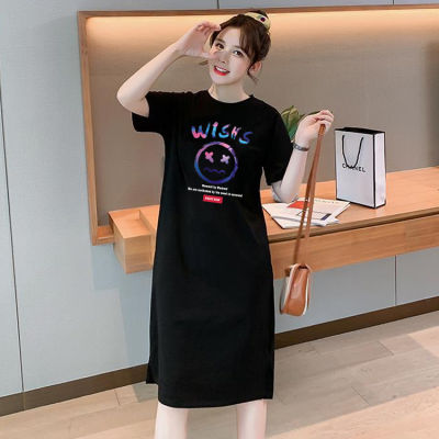 เดรสยาวเสื้อยืดแฟชั่นผู้หญิงสไตล์เกาหลี คอกลมแขนสั้น เนื้อผ้ายืดหยุ่นดี แนวหวานสดวัยรุ่นน่ารักQ38(จัดส่งโดยKerry)