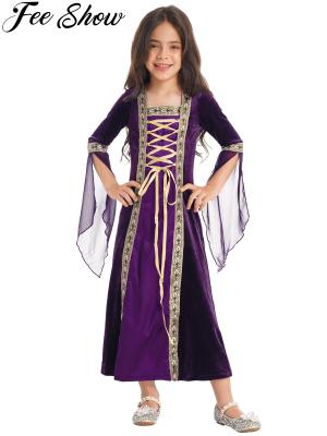 Girls Medieval Renaissance Princess Queen Costume Gown Robe Medieval Embroidered Long Dress Kid Vampire Halloween Costumes