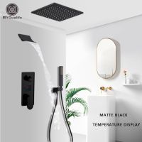 Waterfall Matte Black Bathroom Shower Faucet Black Digital Shower Faucets Set Rainfall Shower Head Digital Display Mixer Tap Showerheads