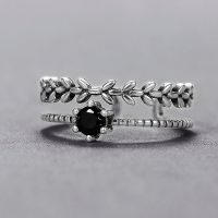 Huitan Antique Silver Color Vintage Adjustable Rings for Women Branch Black Stone Double Layer Opening Rings Fancy Girls Jewelry