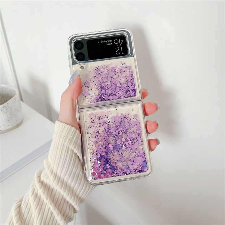 เคสโทรศัพท์โปร่งใสเลื่อมรูปหัวใจมีกากเพชรสำหรับ-galaxy-z-flip-4-3-liu-quicksand-กรอบซิลิโคนกันกระแทก