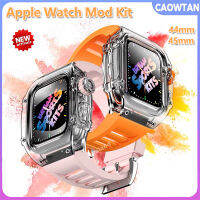 ชุดดัดแปลงเคสโปร่งใสหรู44มม. สายนาฬิกาสายคาด Apple Watch 8 7 45มม. สำหรับ Apple I Watch 4 5 6 SE 44มม. Tali Jam Tangan Karet