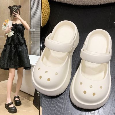 【Hot seller】 Mary slippers womens summer outdoor Internet celebrity heightening hole shoes stepping on shit feeling garden wading beach