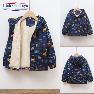 Kids Fleece Jacket Boy Autumn Winter Baby Dinosaur Design Coats Toddler Plus Thicken Hooded Outerwear Parkas Infant Clothes
