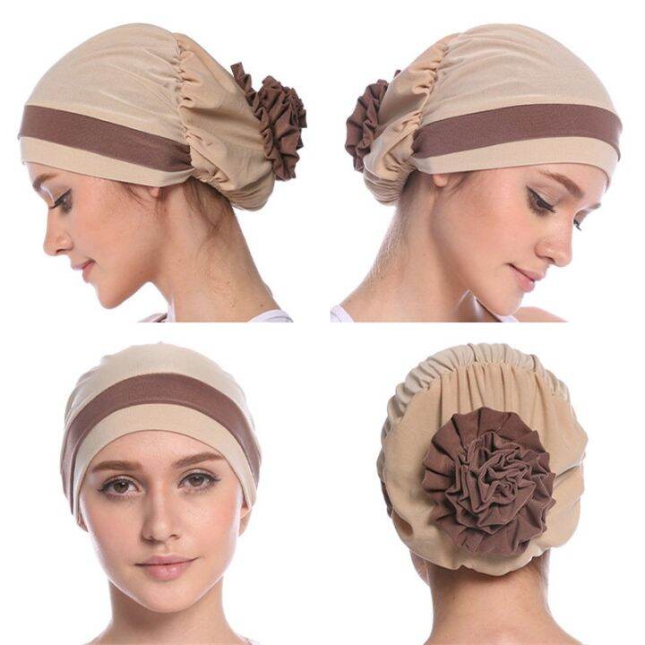 cc-h1110-two-colors-muslim-hijab-with-flower-pull-on-hat-islamic-scarf-turban-full-headcover-women-headwrap-ramadan-gifts