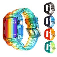 ☫ เคสเรซิ่นใส สายสำหรับ Apple Watch 44mm 40mm Band iWatch Series 6 SE 5 4 3 2 1 42mm 38mm Rainbow สร้อยข้อมือซิลิโคน