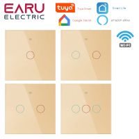 ◄✆ↂ EU Tuya WiFi Smart Wall Switch with Glass Panel Sensor Smart Light Touch Switch with No Neutral Wire Gold for Google Home