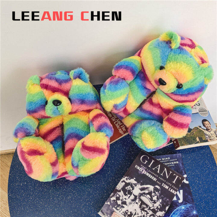 leeang-chen-รองเท้าแตะตุ๊กตาหมีเท็ดดี้แบร์-รองเท้าใส่ในบ้านรูปการ์ตูนหมีน่ารักขนฟูสำหรับฤดูหนาวรองเท้าฟลิปฟลอปขนฟูผู้หญิงth