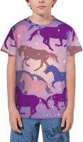 Horses On Purple Pattern Youth Short Sleeve T-Shirt Athletic Workout Running Shirts for Boys Kids