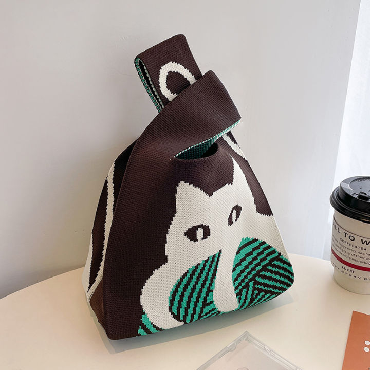 shopping-bags-reusable-stripe-wide-japanese-color-casual-knot-student-shopping-women-handmade-handbag-knit-cat