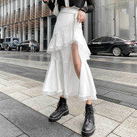 Midi Skirt Women Chic Irregular Harajuku Skirt Casual Cool Split Lace Ruffles Skirts Summer 2020 Autumn Womens Clothing New