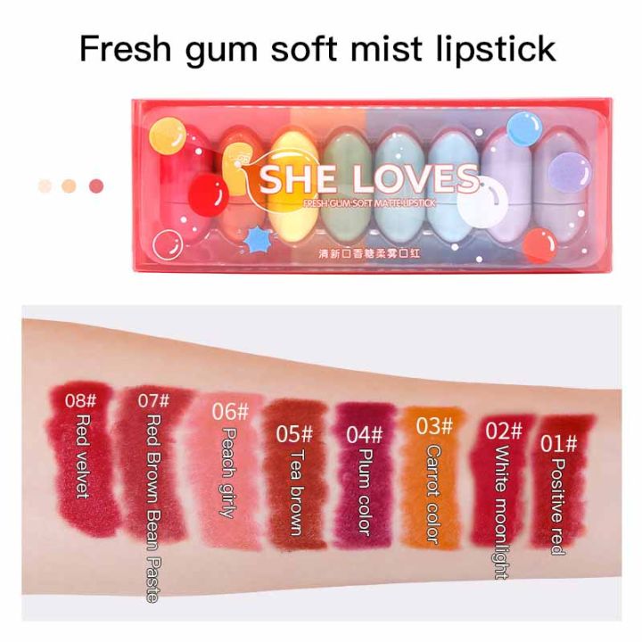 8 Color Chewing Gum Lipstick Set Matte Waterproof Non-stick Cup Lip Gloss Kawaii Pocket Candy Lip Glazed Makeup Set TSLM1