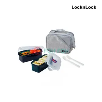 Lock&Lock Rectangular BPA Free 3-Piece Lunch Box Set with Insulated Pink  Stripe Bag and Water Bottle