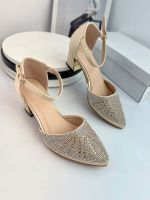 Foreign trade source single defect tail goods clearance [not drop diamond] word buckle with thick heel sandals pointed toe rhinestone sandals women 【QYUE】