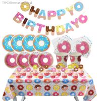 ✳﹊ Doughnut Banner Paper Cup Napkin Plates Donut Theme Birthday Party Decorations Kids Favors Birthday Anniversary Baby Showe Deco