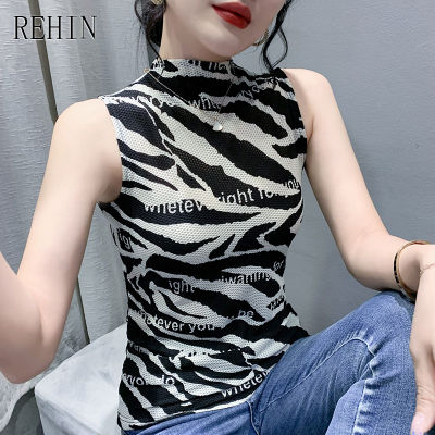 REHIN เสื้อยืดแฟชั่นผู้หญิงชุดพิมพ์ลายไร้แขนตัวอักษรครึ่งคอสูงเข้ารูปพอดีเสื้อสตรีแบบบาง