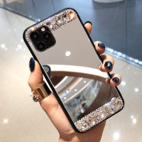 กระจกแต่งหน้ามันวาวเคสโทรศัพท์ติดเพชร DIY สำหรับ IPhone 11 12 13 14 Pro Max 13Mini 7 8 Plus X XR XS Max SE ฝาหลังเป็นประกาย