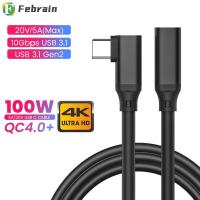 FEBRAIN แท็บเล็ตแล็ปท็อป 90องศาองศา ตัวผู้-ตัวเมีย USB 3.2 Gen 2 สายเคเบิลต่อขยาย Type-C Pd 100W 10กิกะบิต