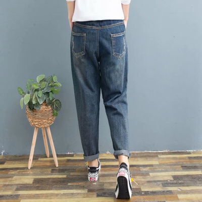 【มีไซส์ใหญ่】Plus Size Womens Patchwork Vintage Jeans Casual Elastic Waist Denim PantsTH