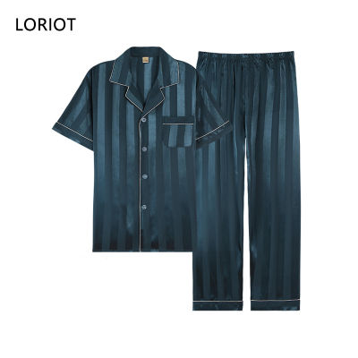 TOP☆LORIOT Mens Striped Satin Pajamas Set Pyjamas Nightwear Sleepwear Loungewear Short Sleeve Casual Korean SA0618