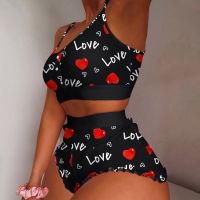 【jw】◊  Womens 2 Pieces Kawaii Strawberry Print Frill Hem Cami Pajama Set 2022 Crop Top   Shorts Suits Sleepwear