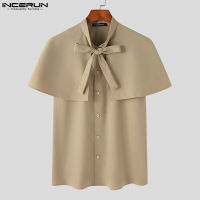 Medussa INCERUN เสื้อเชิ้ตแขนสั้นผู้ชาย,สีทึบแฟชั่นคอปกอเนกประสงค์ (สไตล์ตะวันตก)