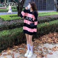 Du Yan เสื้อถักคอกลมแขนสไตล์เกาหลียาวสำหรับผู้หญิง,เสื้อถักตัวอักษรเสื้อสวมหัวลมขี้เกียจเสื้อกันหนาวถักลายทางกว้าง