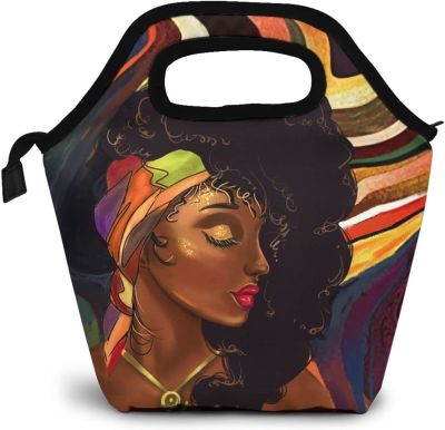 African American Woman Lunch Bag Cute Black Girl Reusable Handbag Lunch Kit Insulated Cooler Box For Travel Picnic Work School