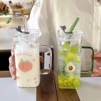 ☃ ivhefd Transparente Café Copo com Lábio e Palha Leite Canecas Xícara de Chá Bar Drinkware Casal Presentes Fruta Padrão Bebida Caneca