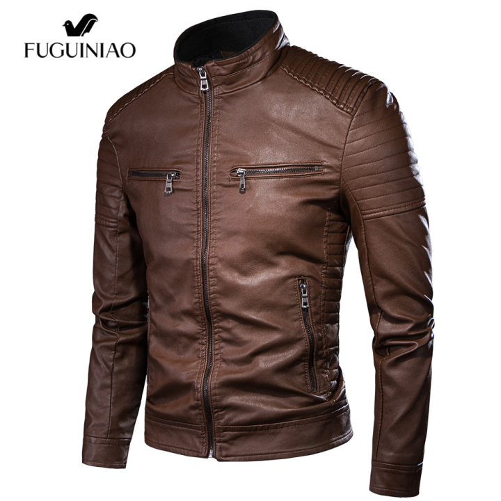 fuguiniaoเสื้อแจ็คเก็ตหนังผู้ชาย-ฤดูใบไม้ร่วง2020เสื้อแจ็คเก็ตหนังไซส์ใหญ่4xlสีดำสีน้ำตาลเสื้อโค้ทคอตั้งเสื้อแจ็คเก็ตหนังสำหรับนักขี่มอเตอร์ไซค์
