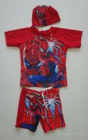 ชุดว่ายน้ำลาย Spiderman สีแดง 3 ชิ้น เสื้อ+กางเกง+หมวก