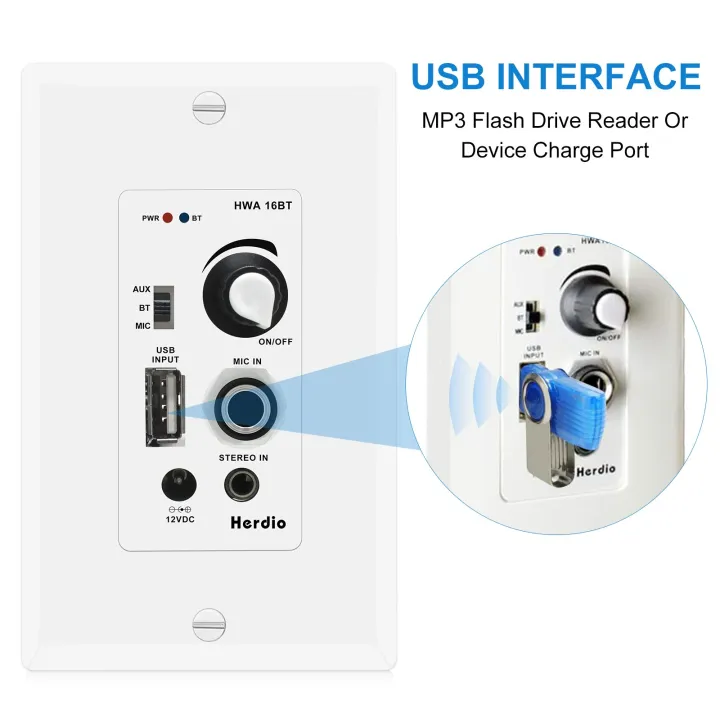 Herdio In Wall Bluetooth Audio Control Amplifier Receiver Wall Plate