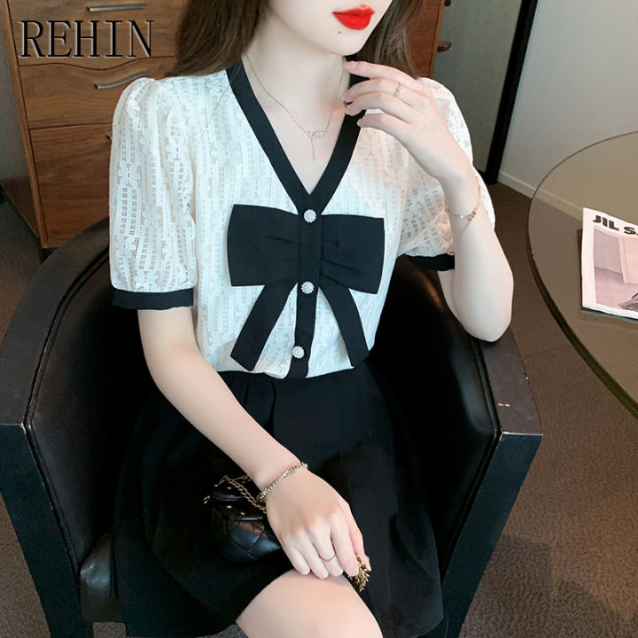 rehin-เสื้อผู้หญิงคอวีแขนโบว์ลูกไม้ฉบับภาษาเกาหลีหรูหรา-เสื้อผู้หญิงแขนสั้น