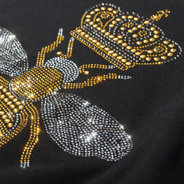 new-arrivals-casual-female-t-shirts-women-crown-bee-diamond-t-shirts-fashion-beaded-blackwhite-rhinestone-ladies-t-shirt