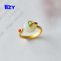 BZY สไตล์จีนประณีตชุดเครื่องประดับ Luxury Hetian หยกหินเปิดแหวน Vintage Enamel ต่างหูสร้อยคอผู้หญิง