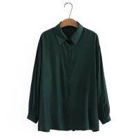 【มีไซส์ใหญ่】Plus Size Womens 2XL-5XL Solid Color Green Black Blouses Long Sleeved Button Up Female Sun-protection Female Tops