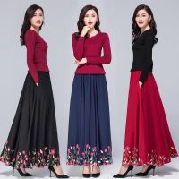 【CW】 Pockets Elastic Waist A Skirt Floral Embroidery Pleated Ladies Skirts