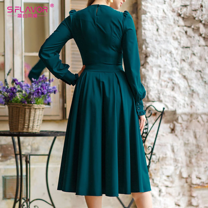 s-flavor-women-vintage-solid-color-winter-dress-elegant-green-long-sleeve-pleated-midi-vestidos-autumn-casual-dresses