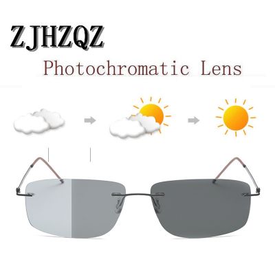 Ultra Light Hingeless Rimless Titanium Polarized Photochromatic Sunglasses Outdoor Driving Black Gray Transition Chameleon Lens
