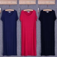 【YF】 2022 Summer Black Dress Women O-neck Knee-Length Short Sleeve Solid Side Cut Casual Modal Cotton Home Dresses Size S M L XL