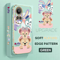 เคส PMP สำหรับ OPPO Reno10 Pro 5G ฟรีสายคล้อง + การ์ตูน Duffy StellaLou ลายขอบสี่เหลี่ยมชุบเคสโทรศัพท์หรูหราชุบเคสโทรศัพท์นิ่ม