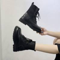 New Ankle Boots for Women Thick Bottom Round Toe Leather Boots Black White All-match Botas Feminina Platform Shoes