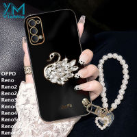 YiaMia เคสโทรศัพท์แฟชั่นสำหรับ OPPO Reno Reno2 Reno2 F Reno3 Reno4 Reno4 F Reno5 F Reno5 Z Reno6 Z แฟชั่น Chrome Soft TPU Rhinestone Swan โทรศัพท์กรณี + Pearl สร้อยข้อมือเชือกโทรศัพท์