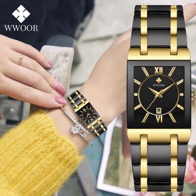 （A creative）WWOOR LadiesTop BrandQuartzSquare Black GoldStainless SteelFashion Women Wristwatch