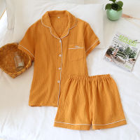 Couple 100 Cotton Pajamas For Women Summer Short Sleeve Tops + Shorts Men Home Suit Solid Loose Homewear Female Sleepwear Set