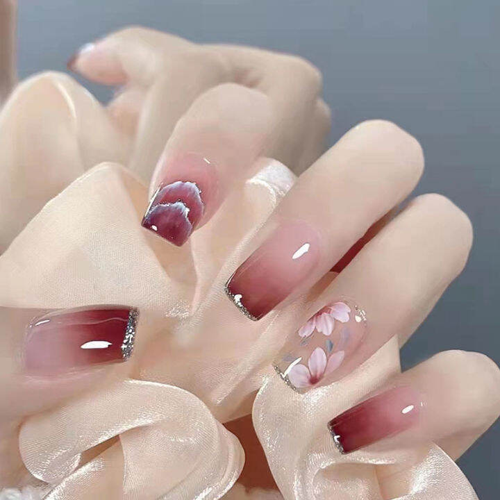 Móng Tay Giả Dáng Vuông Họa Tiết Kết Hoa Anh Đào Chìm Mẫu T78