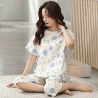 Short-sleeved pajamas womens summer cotton seven-part pants womens loungewear sets can be worn outside two-piece